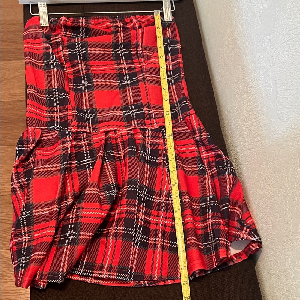 ( 0445) Women Strapless Red Plaid Women's Dress - Picture 3 of 9